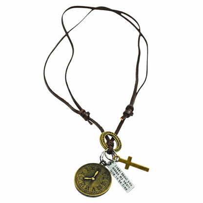 THE MEN THING Leather Necklace TIMELOCK – 1.2-Inch Pure Stainless Steel Pendant with Adjustable Brown Leather Rope for Men & Boys