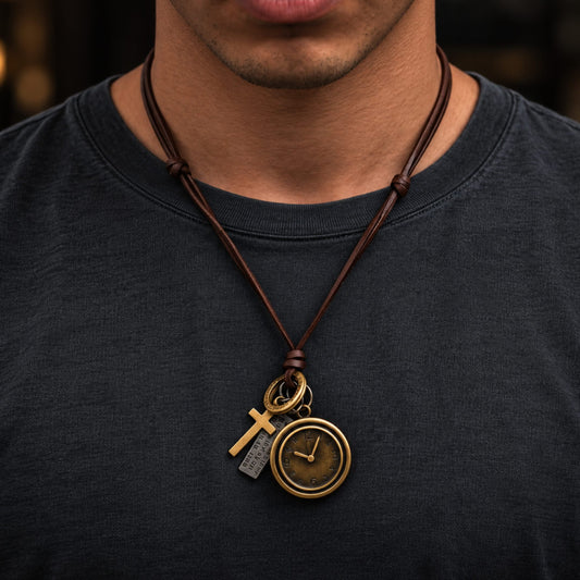 THE MEN THING Leather Necklace TIMELOCK – 1.2-Inch Pure Stainless Steel Pendant with Adjustable Brown Leather Rope for Men & Boys