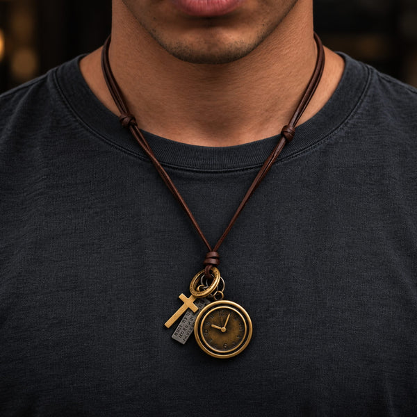 TIMELOCK – 1.2-Inch Pure Stainless Steel Pendant with Adjustable Brown Leather Rope for Men & Boys
