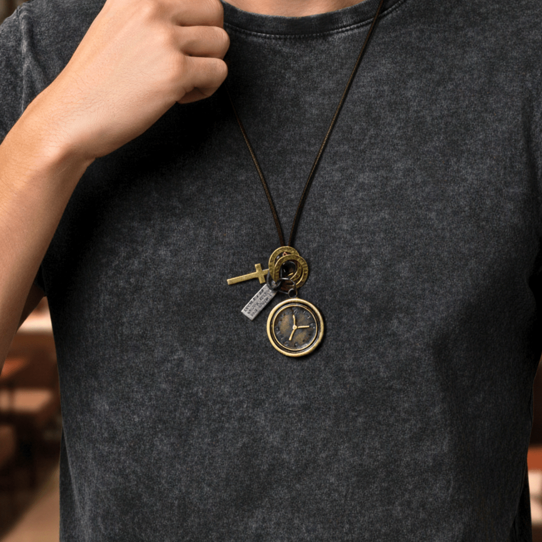 THE MEN THING Leather Necklace TIMELOCK – 1.2-Inch Pure Stainless Steel Pendant with Adjustable Dark Brown Leather Rope for Men & Boys