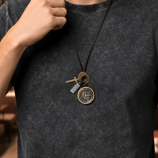 TIMELOCK – 1.2-Inch Pure Stainless Steel Pendant with Adjustable Dark Brown Leather Rope for Men & Boys