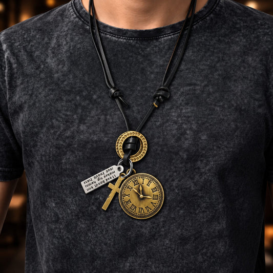 THE MEN THING Leather Necklace TIMELOCK – 1.2-Inch Pure Stainless Steel Pendant with Adjustable Dark Brown Leather Rope for Men & Boys