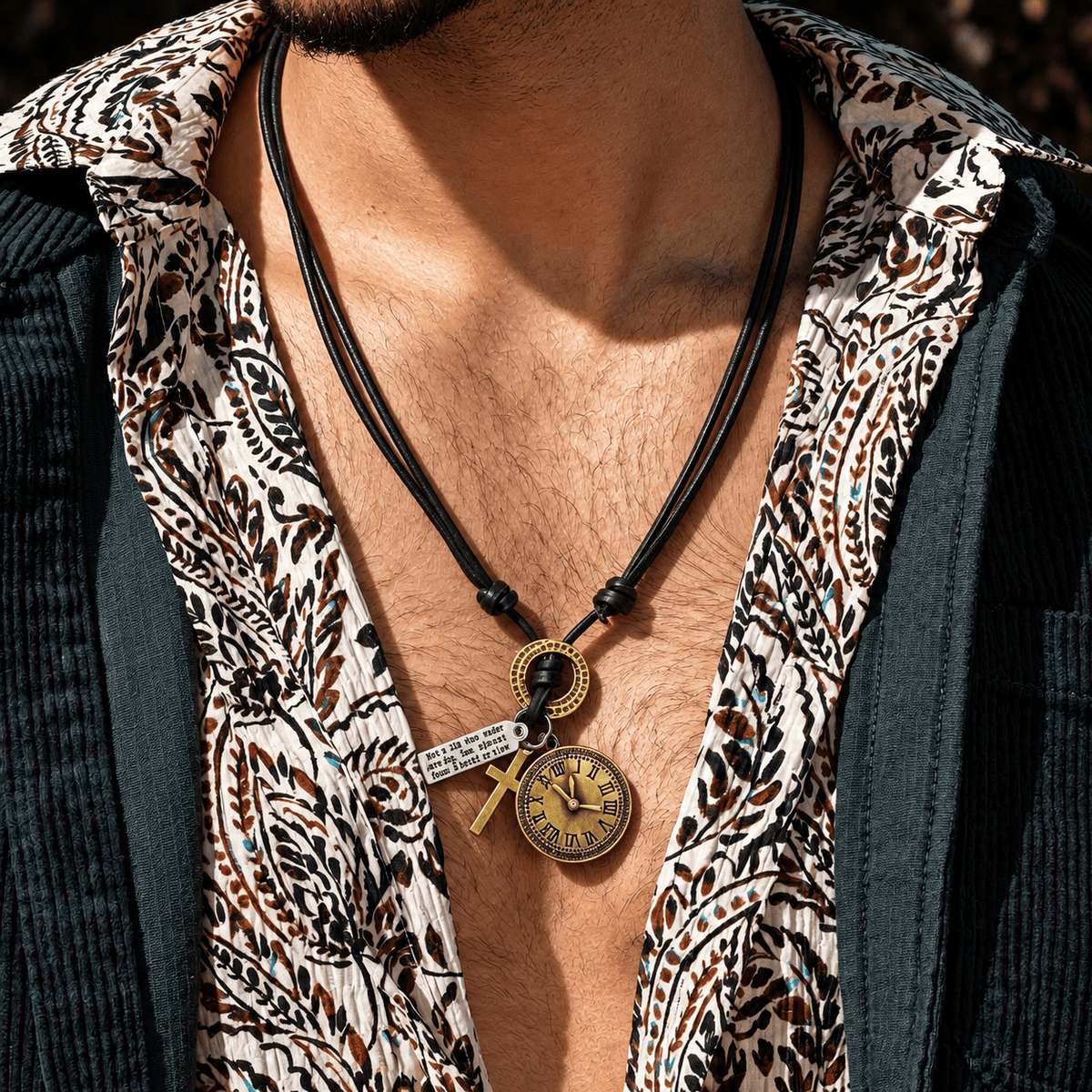 THE MEN THING Leather Necklace TIMELOCK – 1.2-Inch Pure Stainless Steel Pendant with Adjustable Dark Brown Leather Rope for Men & Boys