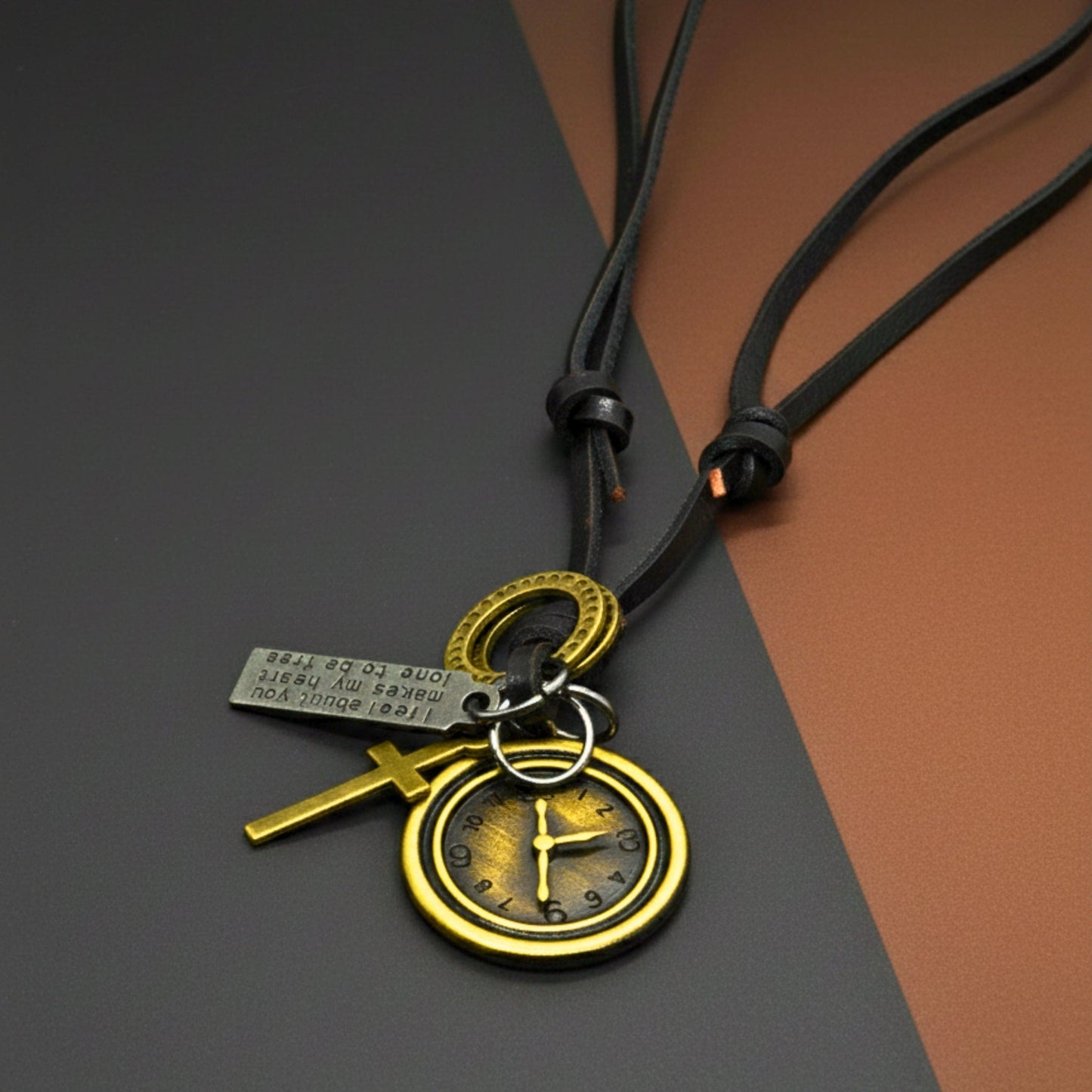 THE MEN THING Leather Necklace TIMELOCK – 1.2-Inch Pure Stainless Steel Pendant with  Adjustable Leather Rope for Men & Boys