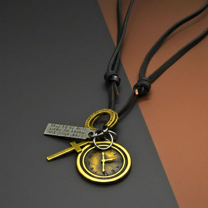 THE MEN THING Leather Necklace TIMELOCK – 1.2-Inch Pure Stainless Steel Pendant with  Adjustable Leather Rope for Men & Boys