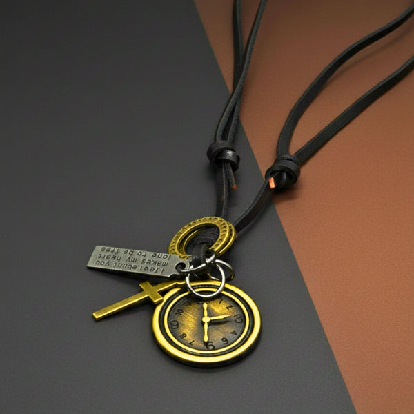 TIMELOCK – 1.2-Inch Pure Stainless Steel Pendant with Adjustable Dark Brown Leather Rope for Men & Boys