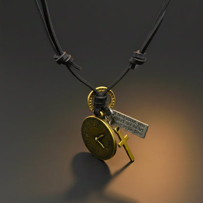 THE MEN THING Leather Necklace TIMELOCK – 1.2-Inch Pure Stainless Steel Pendant with  Adjustable Leather Rope for Men & Boys