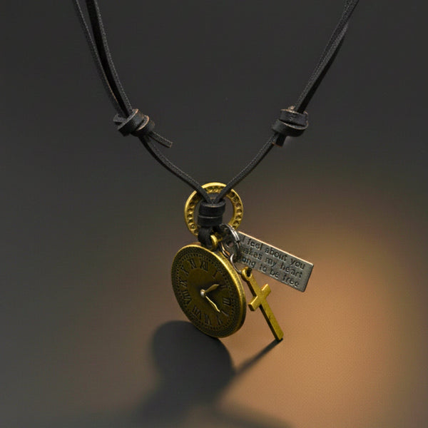 TIMELOCK – 1.2-Inch Pure Stainless Steel Pendant with Adjustable Dark Brown Leather Rope for Men & Boys