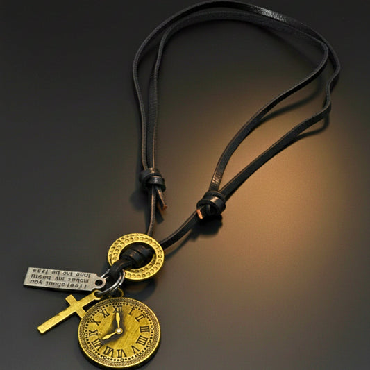 THE MEN THING Leather Necklace TIMELOCK – 1.2-Inch Pure Stainless Steel Pendant with  Adjustable Leather Rope for Men & Boys