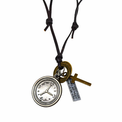 THE MEN THING Leather Necklace TIMELOCK FAITH – 1.2-Inch Pure Stainless Steel Pendant with Adjustable Leather Rope for Men & Boys