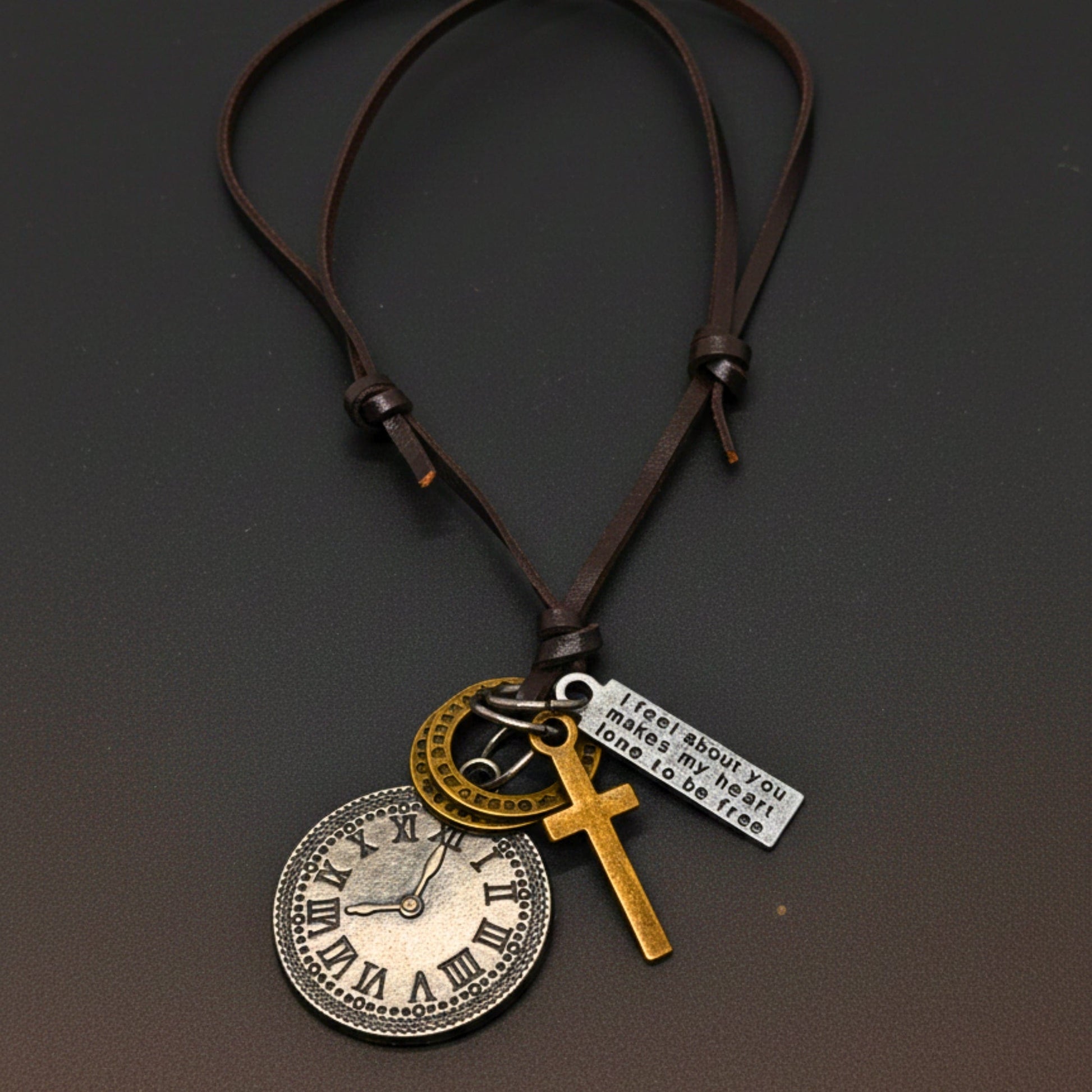 THE MEN THING Leather Necklace TIMELOCK FAITH – 1.2-Inch Pure Stainless Steel Pendant with Adjustable Leather Rope for Men & Boys