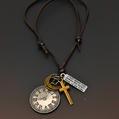 THE MEN THING Leather Necklace TIMELOCK FAITH – 1.2-Inch Pure Stainless Steel Pendant with Adjustable Leather Rope for Men & Boys