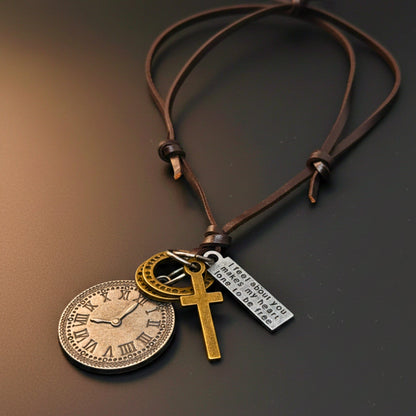 THE MEN THING Leather Necklace TIMELOCK FAITH – 1.2-Inch Pure Stainless Steel Pendant with Adjustable Leather Rope for Men & Boys