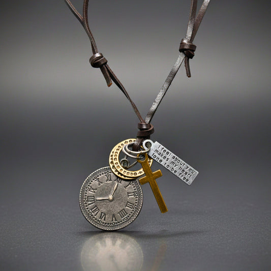 THE MEN THING Leather Necklace TIMELOCK FAITH – 1.2-Inch Pure Stainless Steel Pendant with Adjustable Leather Rope for Men & Boys