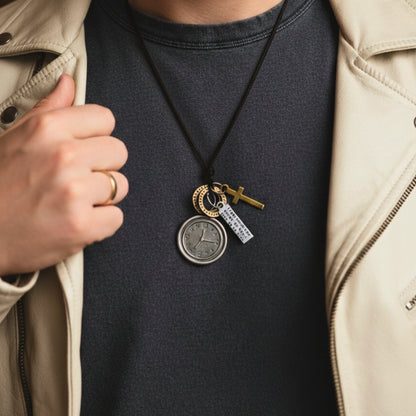 THE MEN THING Leather Necklace TIMELOCK FAITH – 1.2-Inch Pure Stainless Steel Pendant with Adjustable Leather Rope for Men & Boys