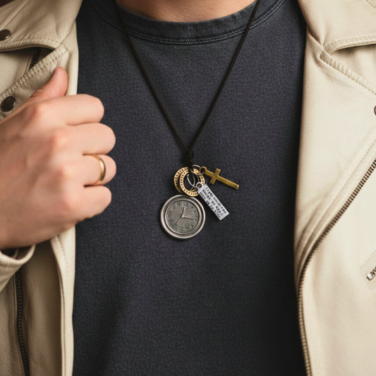 THE MEN THING Leather Necklace TIMELOCK FAITH – 1.2-Inch Pure Stainless Steel Pendant with Adjustable Leather Rope for Men & Boys