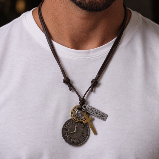 THE MEN THING Leather Necklace TIMELOCK FAITH – 1.2-Inch Pure Stainless Steel Pendant with Adjustable Leather Rope for Men & Boys