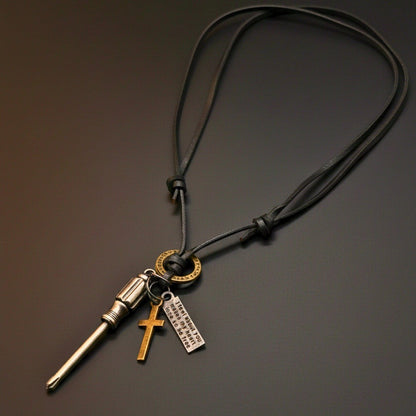 THE MEN THING Leather Necklace TOOL OF FAITH – 2.5-Inch Pure Stainless Steel Pendant with  Adjustable Leather Rope for Men & Boys