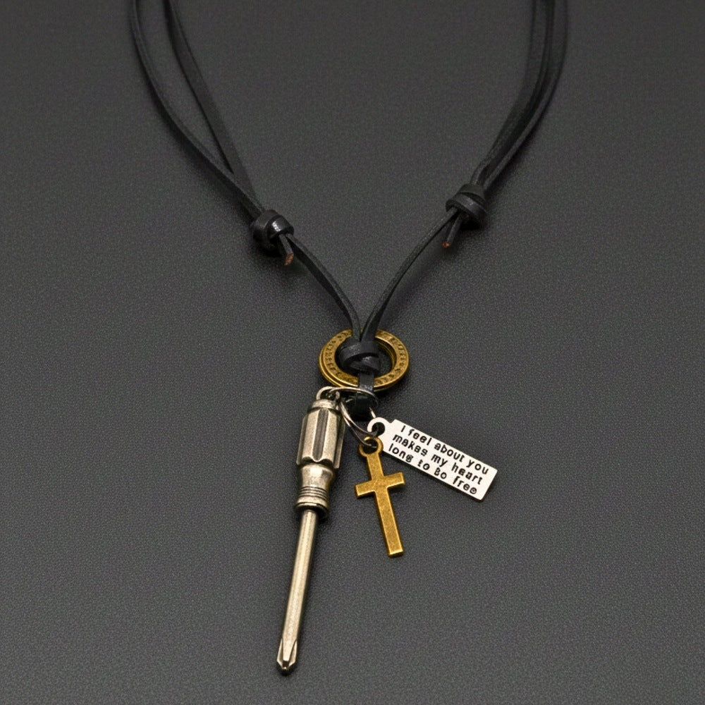 THE MEN THING Leather Necklace TOOL OF FAITH – 2.5-Inch Pure Stainless Steel Pendant with  Adjustable Leather Rope for Men & Boys