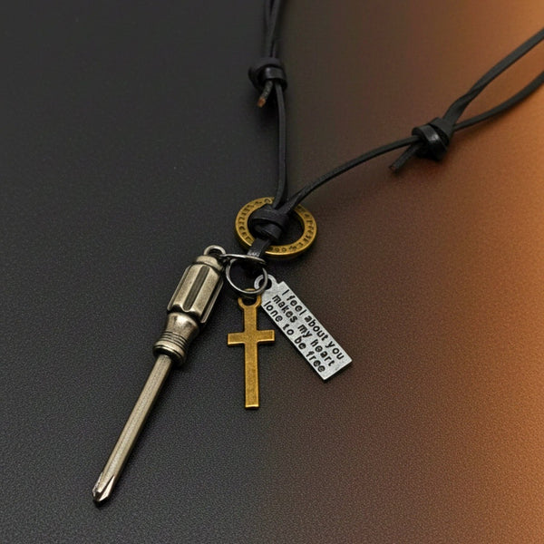 TOOL OF FAITH – 2.5-Inch Pure Stainless Steel Pendant with  Adjustable Leather Rope for Men & Boys