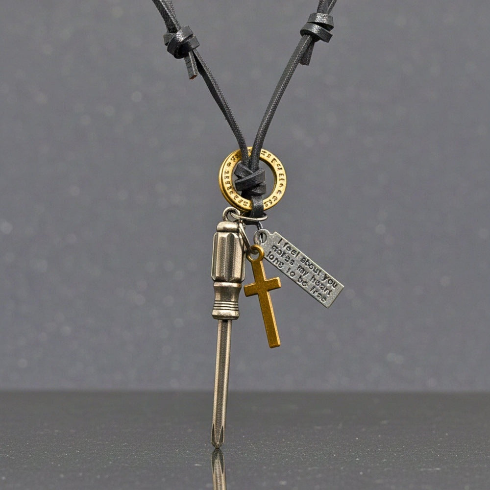 THE MEN THING Leather Necklace TOOL OF FAITH – 2.5-Inch Pure Stainless Steel Pendant with  Adjustable Leather Rope for Men & Boys