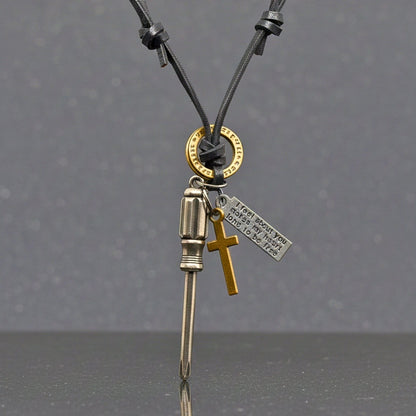 THE MEN THING Leather Necklace TOOL OF FAITH – 2.5-Inch Pure Stainless Steel Pendant with  Adjustable Leather Rope for Men & Boys