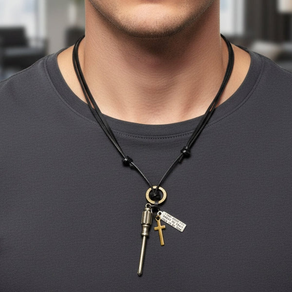 TOOL OF FAITH – 2.5-Inch Pure Stainless Steel Pendant with  Adjustable Leather Rope for Men & Boys