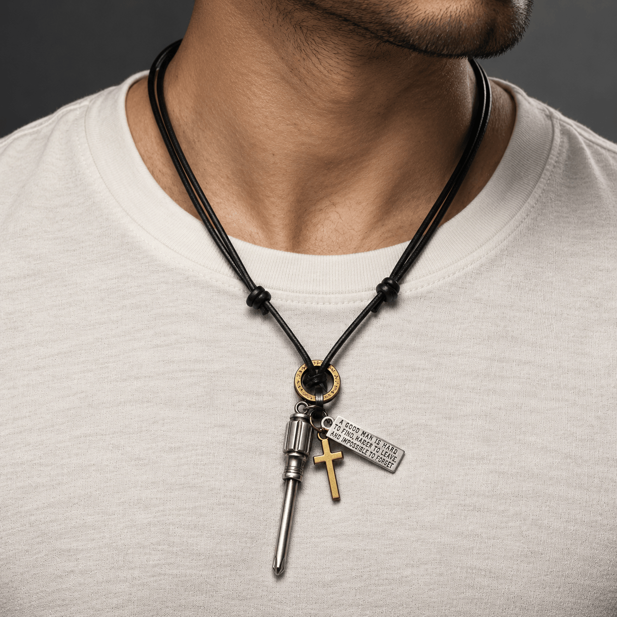 THE MEN THING Leather Necklace TOOL OF FAITH – 2.5-Inch Pure Stainless Steel Pendant with  Adjustable Leather Rope for Men & Boys