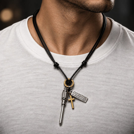 THE MEN THING Leather Necklace TOOL OF FAITH – 2.5-Inch Pure Stainless Steel Pendant with  Adjustable Leather Rope for Men & Boys