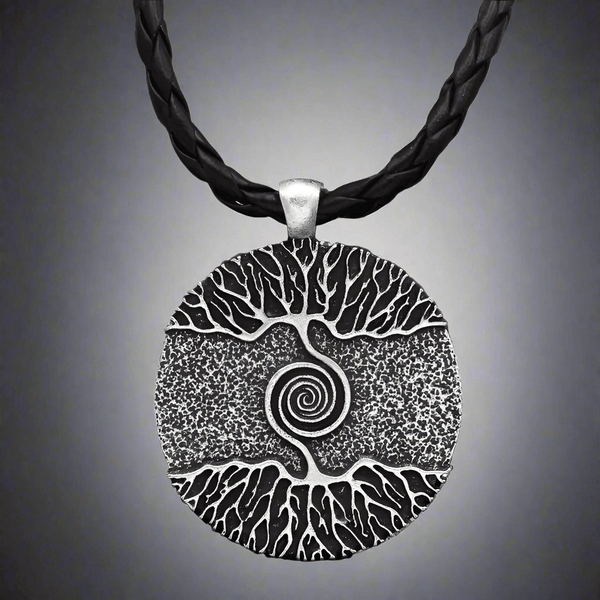 TREE GREY RUSTIC - Alloy Pendant with 24inch Leather Cord Chain for Men & Boy