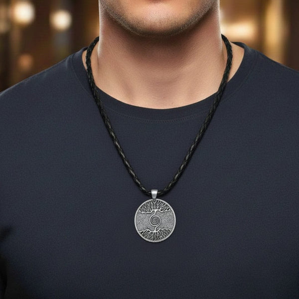 TREE GREY RUSTIC - Alloy Pendant with 24inch Leather Cord Chain for Men & Boy