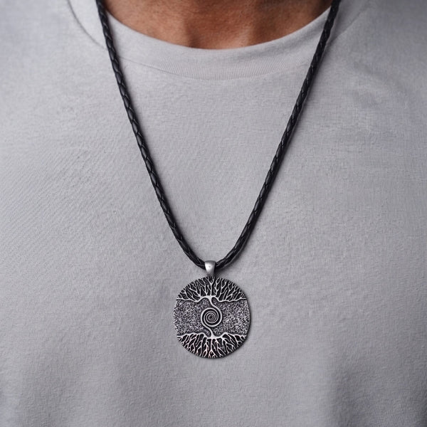 TREE GREY RUSTIC - Alloy Pendant with 24inch Leather Cord Chain for Men & Boy