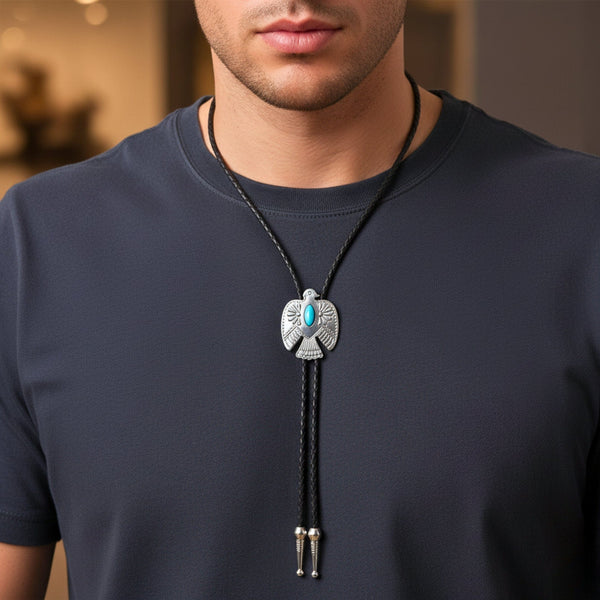TURQUOISE EAGLE BOLO – 1.8 inch Pure Stainless Steel Pendant with Adjustable Black Leather Rope for Men & Boys