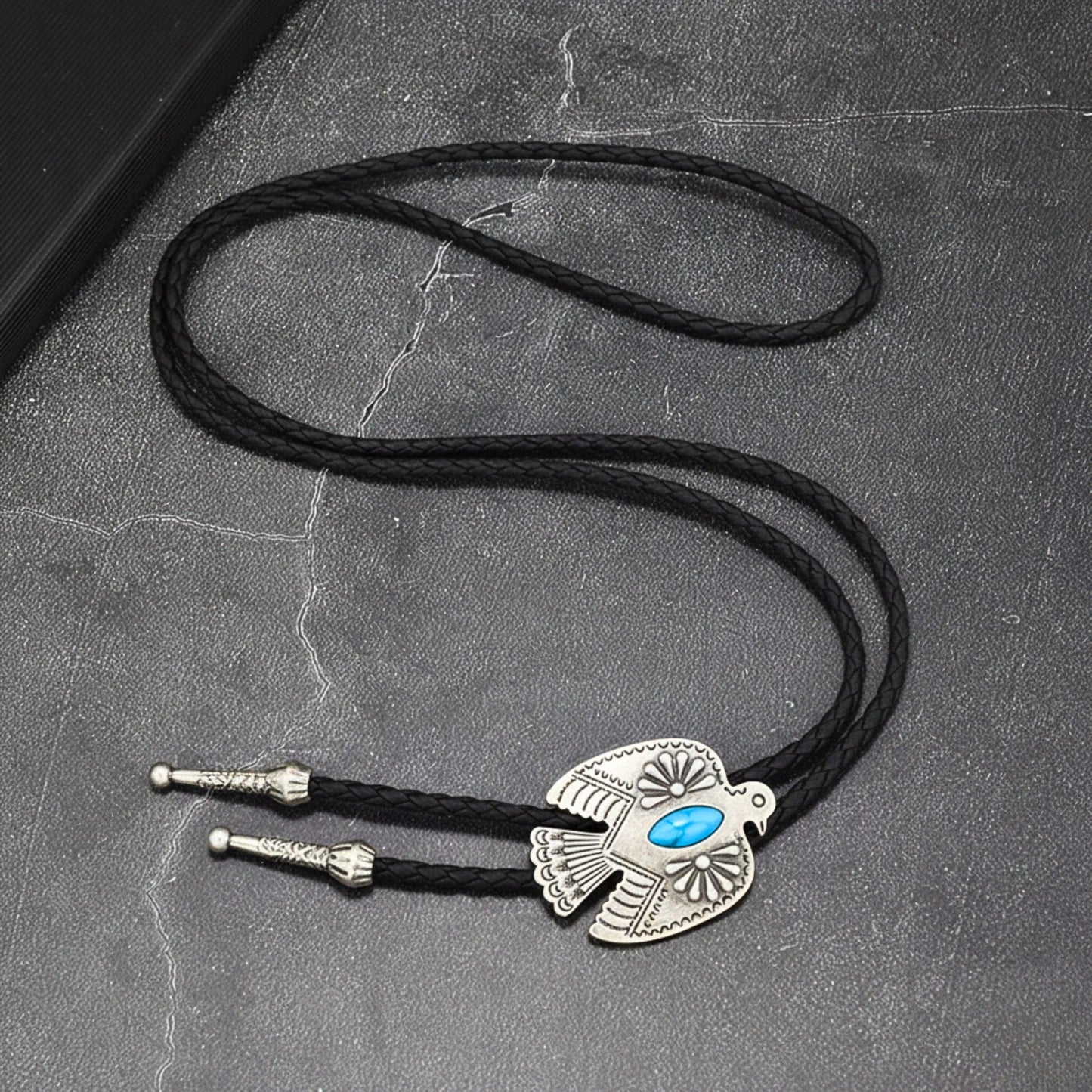 THE MEN THING Leather Necklace TURQUOISE EAGLE BOLO – 1.8 inch Pure Stainless Steel Pendant with Adjustable Black Leather Rope for Men & Boys