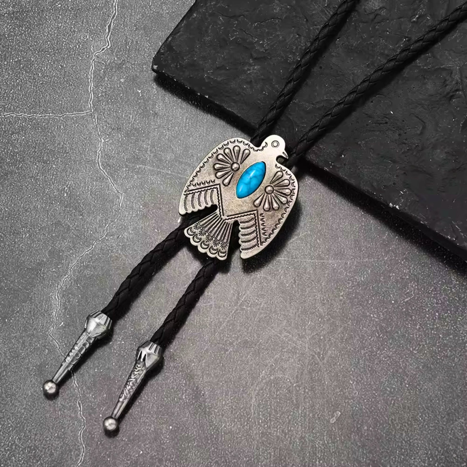 THE MEN THING Leather Necklace TURQUOISE EAGLE BOLO – 1.8 inch Pure Stainless Steel Pendant with Adjustable Black Leather Rope for Men & Boys