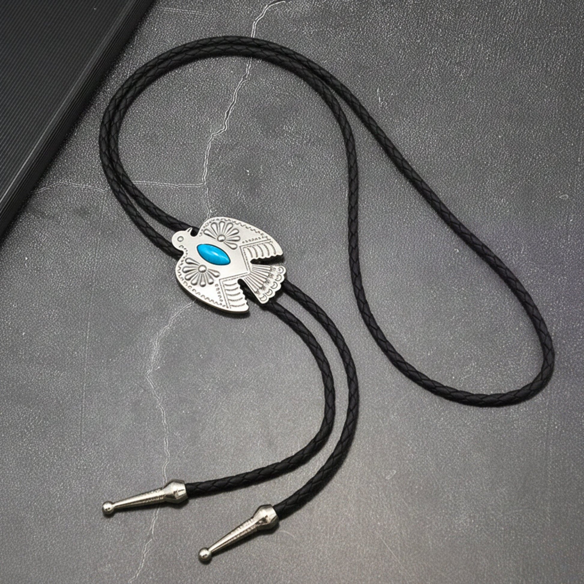 THE MEN THING Leather Necklace TURQUOISE EAGLE BOLO – 1.8 inch Pure Stainless Steel Pendant with Adjustable Black Leather Rope for Men & Boys