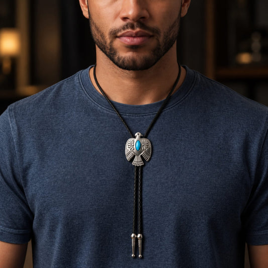 THE MEN THING Leather Necklace TURQUOISE EAGLE BOLO – 1.8 inch Pure Stainless Steel Pendant with Adjustable Black Leather Rope for Men & Boys