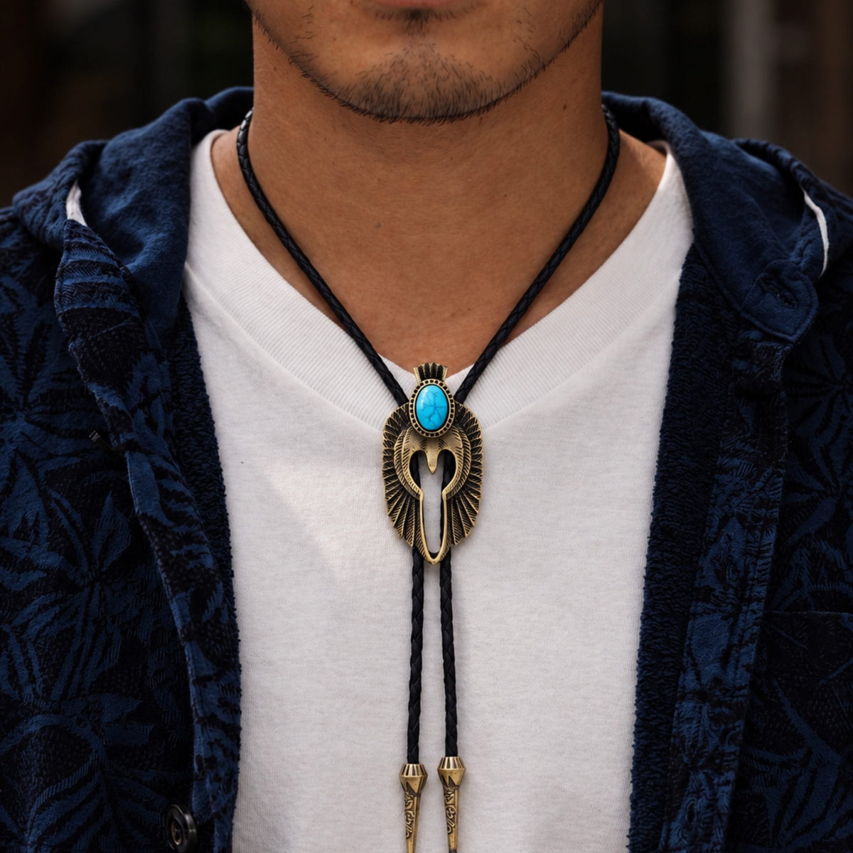 THE MEN THING Leather Necklace TURQUOISE FALCON BOLO – 2.4 inch Pure Stainless Steel Pendant with Adjustable Black Leather Rope for Men & Boys