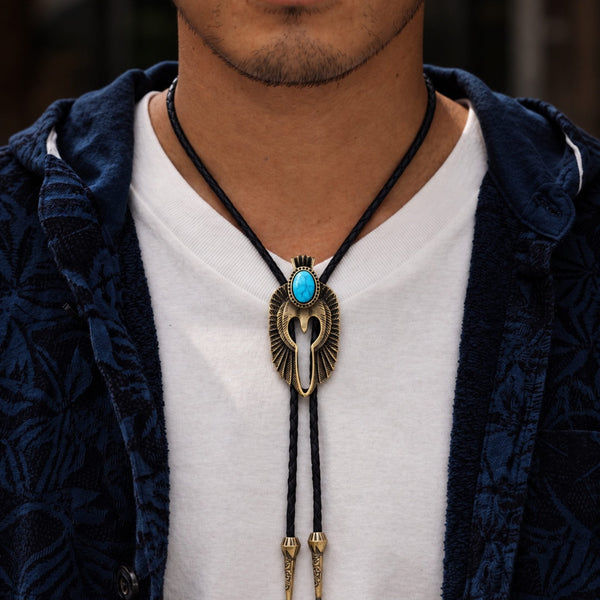 TURQUOISE FALCON BOLO – 2.4 inch Pure Stainless Steel Pendant with Adjustable Black Leather Rope for Men & Boys