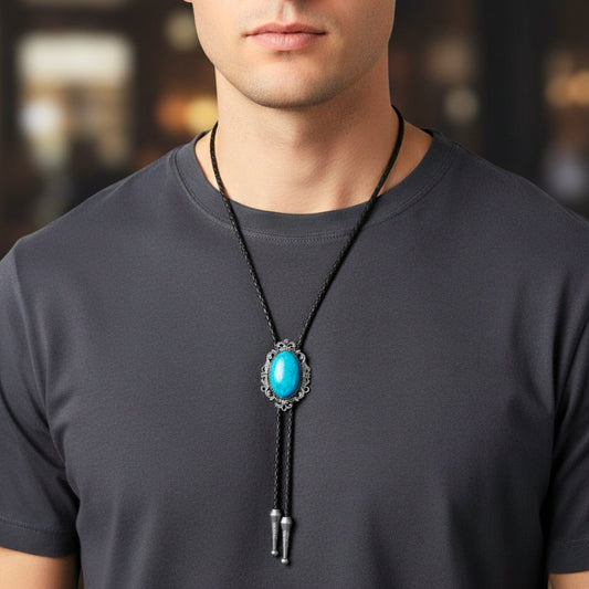 THE MEN THING Leather Necklace TURQUOISE HORIZON BOLO – 1.8 inch Pure Stainless Steel Pendant with Adjustable Black Leather Rope for Men & Boys