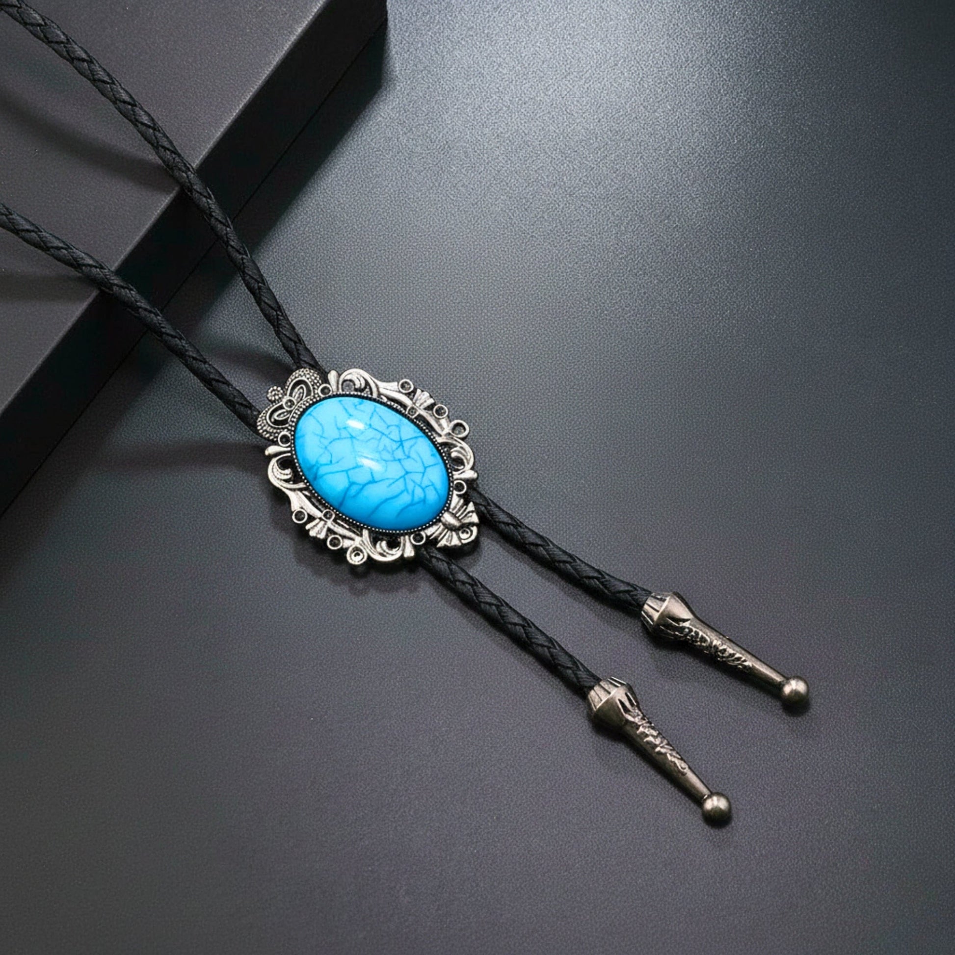 THE MEN THING Leather Necklace TURQUOISE HORIZON BOLO – 1.8 inch Pure Stainless Steel Pendant with Adjustable Black Leather Rope for Men & Boys