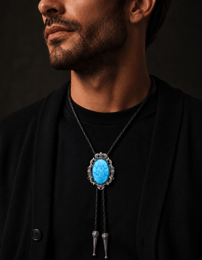 THE MEN THING Leather Necklace TURQUOISE HORIZON BOLO – 1.8 inch Pure Stainless Steel Pendant with Adjustable Black Leather Rope for Men & Boys