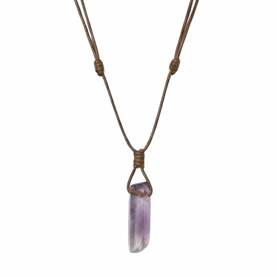 THE MEN THING Leather Necklace TWILIGHT AMETHYST - Natural Crystal Unshaped Pendant with Adjustable Rope Chain for Men and Boys