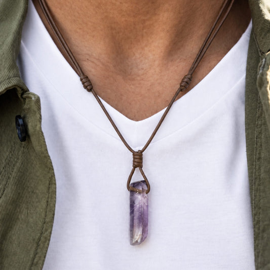 THE MEN THING Leather Necklace TWILIGHT AMETHYST - Natural Crystal Unshaped Pendant with Adjustable Rope Chain for Men and Boys