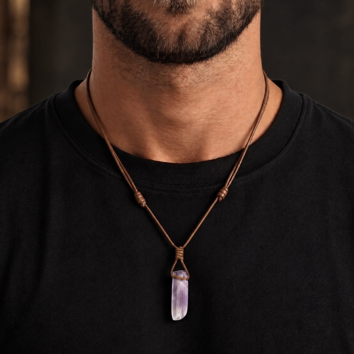 THE MEN THING Leather Necklace TWILIGHT AMETHYST - Natural Crystal Unshaped Pendant with Adjustable Rope Chain for Men and Boys