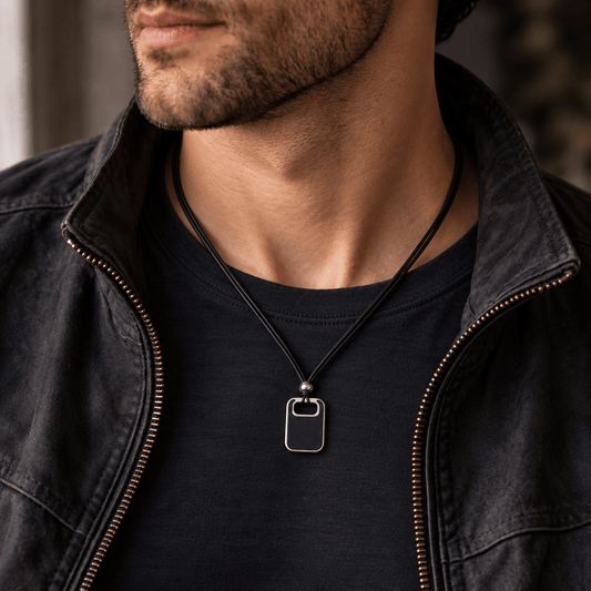 THE MEN THING Leather Necklace TWIN EMBER - Titanium Steel Pendant with Adjustable Rope Chain for Men & Boys