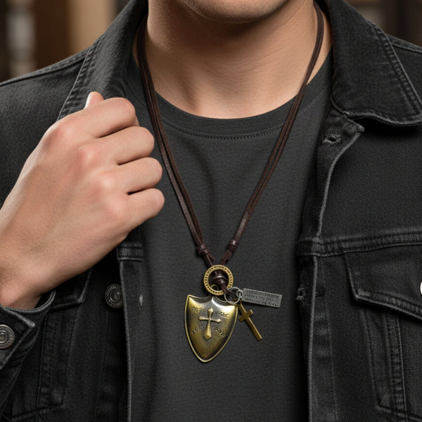 VALORBORN SHIELD – 2-Inch Pure Stainless Steel Pendant with Adjustable Leather Rope for Men & Boys