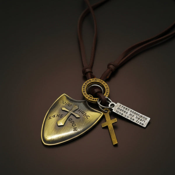 VALORBORN SHIELD – 2-Inch Pure Stainless Steel Pendant with Adjustable Leather Rope for Men & Boys