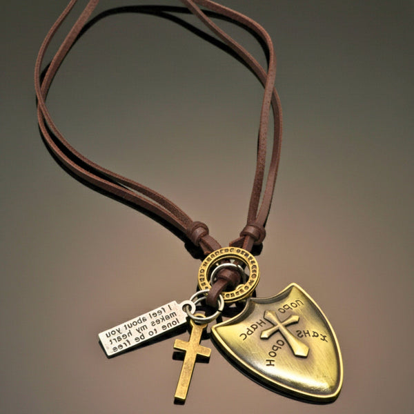 VALORBORN SHIELD – 2-Inch Pure Stainless Steel Pendant with Adjustable Leather Rope for Men & Boys