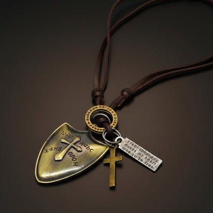 THE MEN THING Leather Necklace VALORBORN SHIELD – 2-Inch Pure Stainless Steel Pendant with Adjustable Leather Rope for Men & Boys